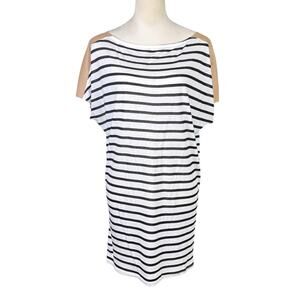 Michael Stars Black White Stripe Knit Leather Shoulder Patch Mini T-shirt Dress